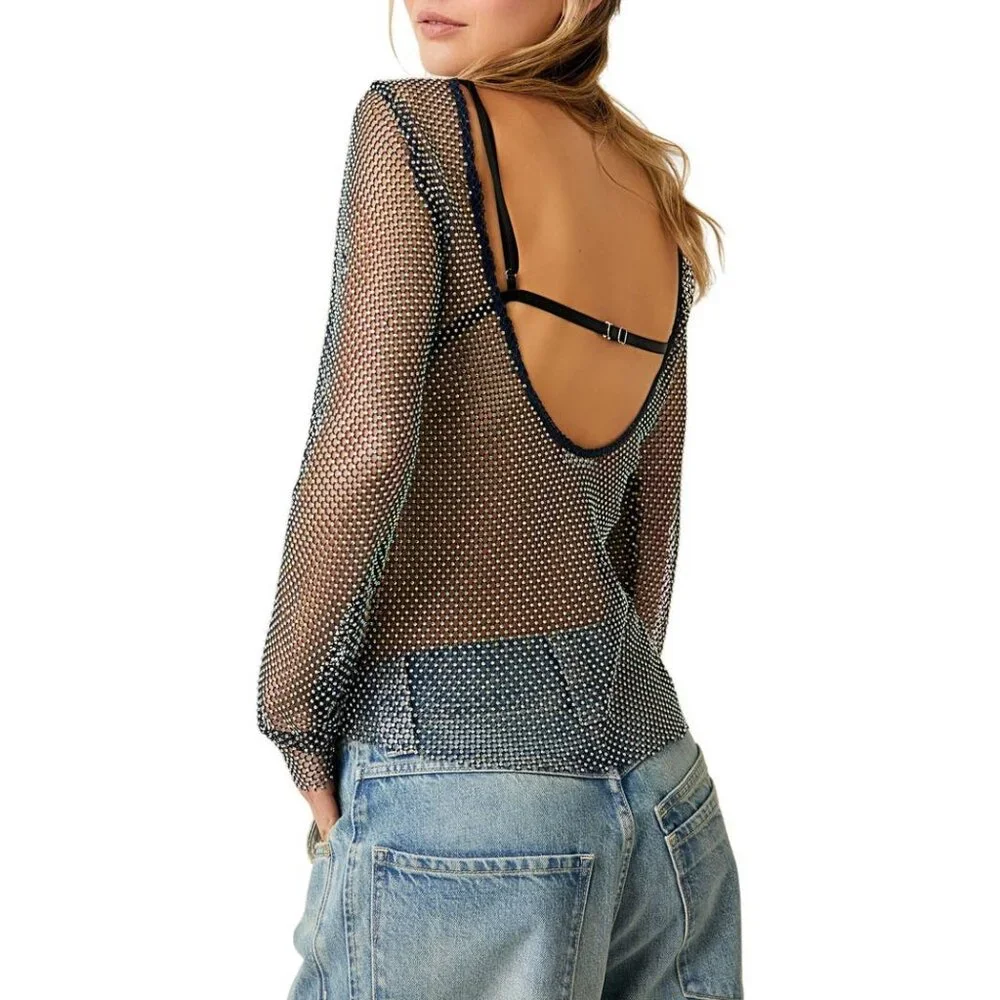 NWT Free People Rhinestone Sheer Mesh Scooped Back Top S| Sirencore Indie Sleaze - Picture 6 of 16
